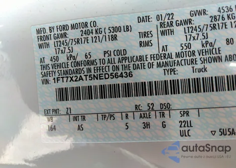 2022 Ford F-250 Xl z USA, uszkodzony, nr VIN 1FT7X2AT5NED56436